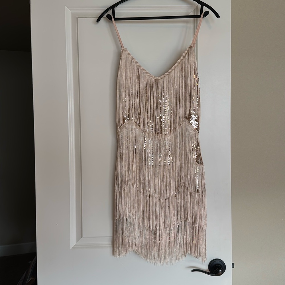 Lulus champagne sequin fringe dress NWOT